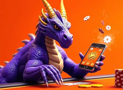 Valor casino promotional image of a dragon mascot using a mobile phone to play a casino game