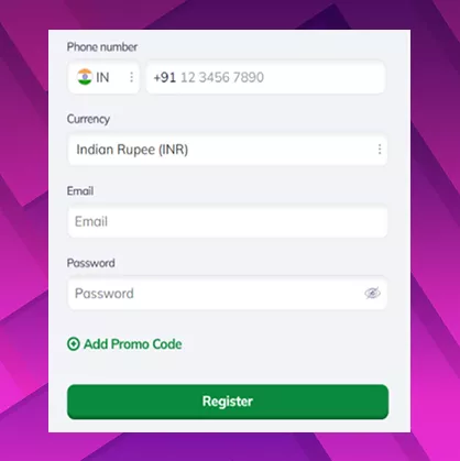 Valor casino registration form, designed for Indian players with fields for contact information