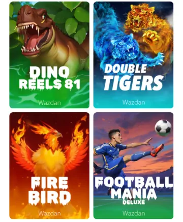 Valor casino mobile slots from Wazdan, featuring games like Dino Reels 81 and Football Mania Deluxe
