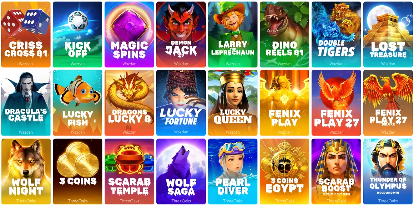 Valor casino slot games from Wazdan and ThreeOaks, including Criss Cross 81 and Lucky Fish
